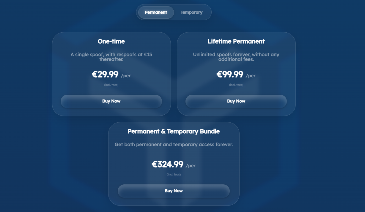Pricing table of Sync.top Permanent HWID Spoofer