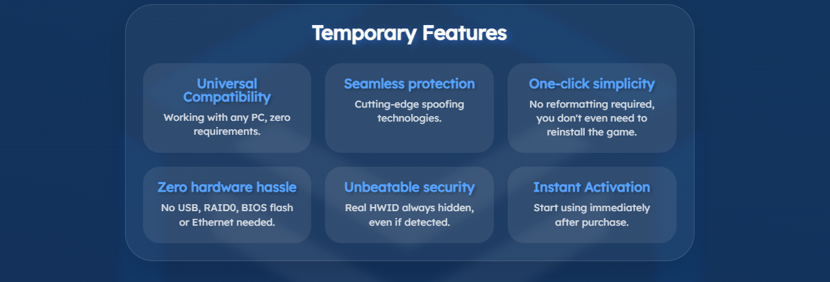 Features of a temporary HWID Spoofer, taken from Sync.top spoofer.