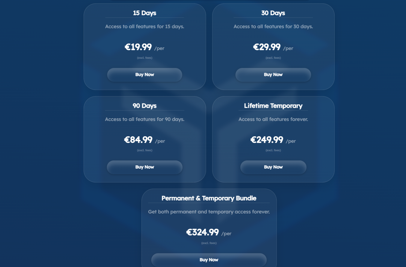 Pricing table of Sync.top Temporary HWID Spoofer